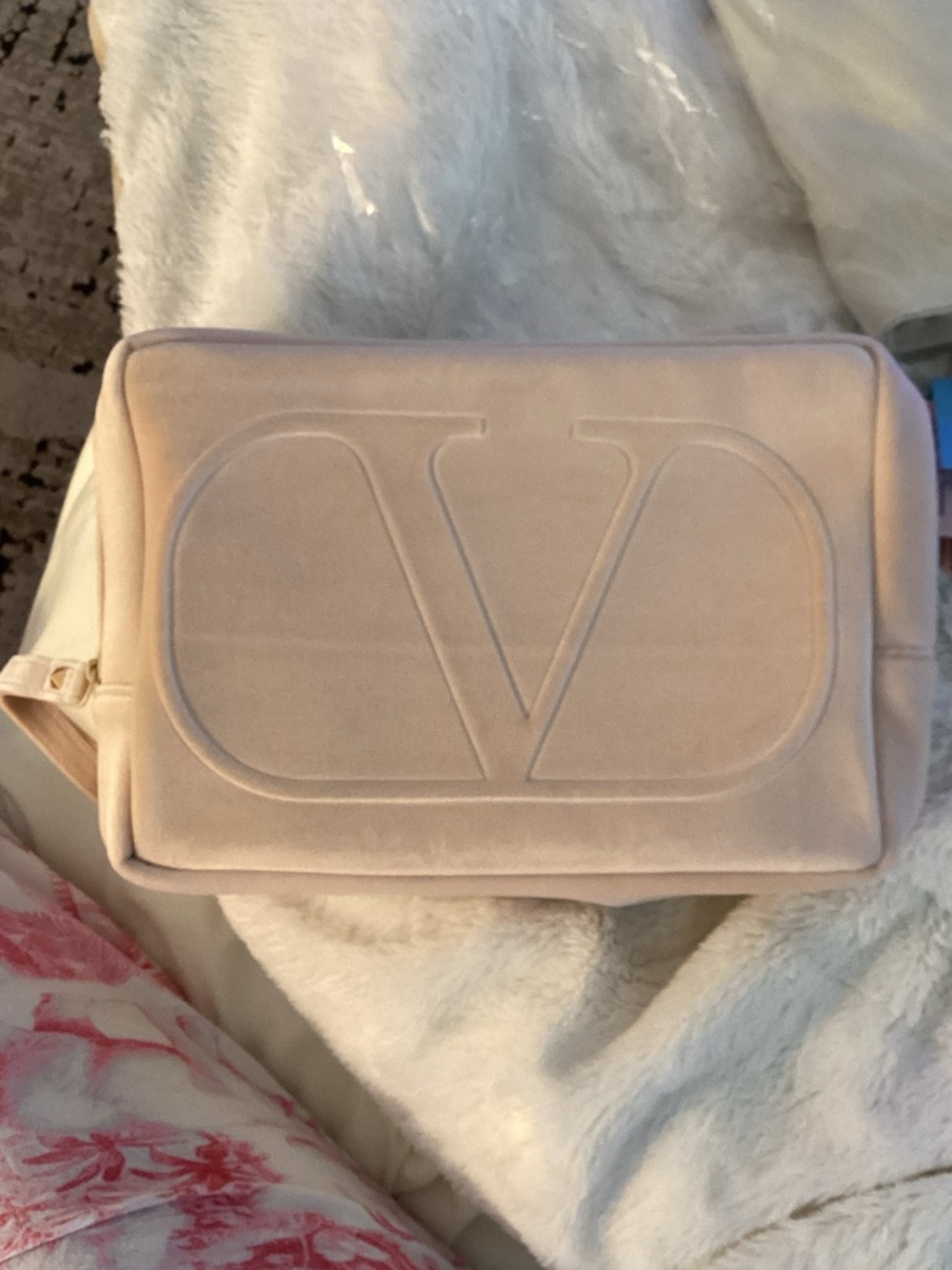 Valentino Beige/Nude Embossed V Suede Pouch/Cosmetic Case NEW